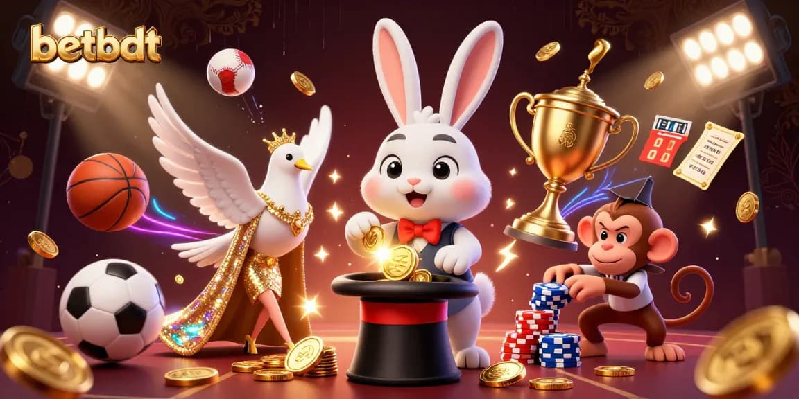 Catch the thrill of betting with betbdt's cartoon scene featuring a magician, sports elements, and vibrant energy.