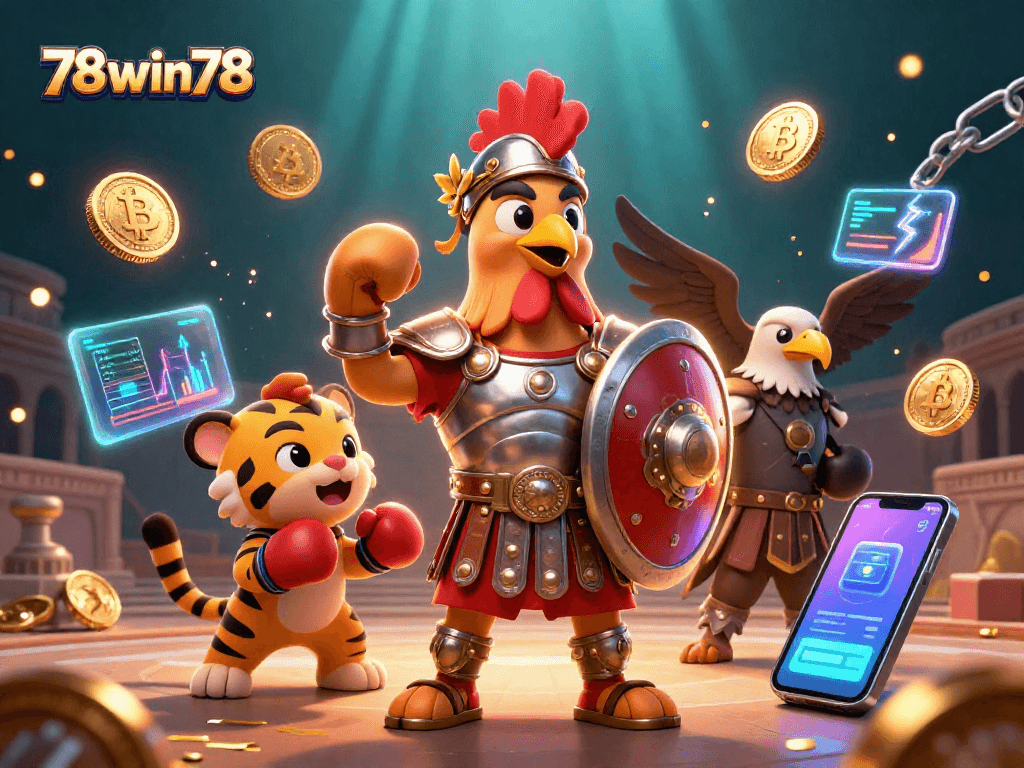 Engage in vivid 78win78 gaming with a dynamic scene of casino adventures and crypto elements.