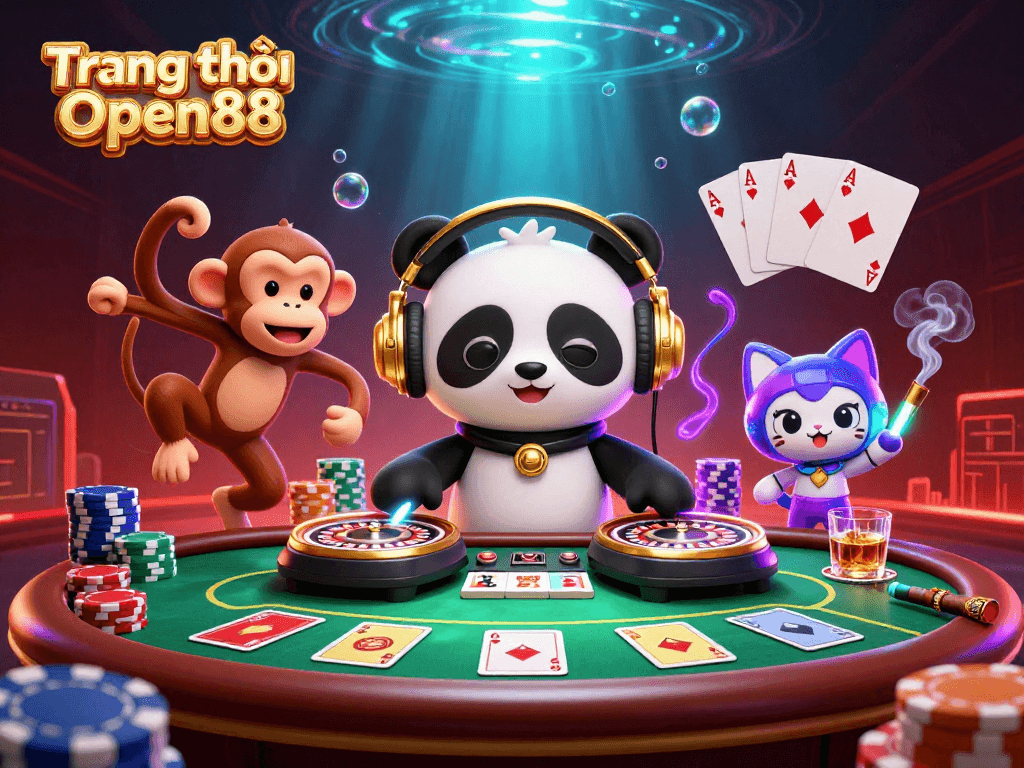 Experience the excitement on the Trang chủ Open88 with vibrant characters playing casino games in a lively scene.