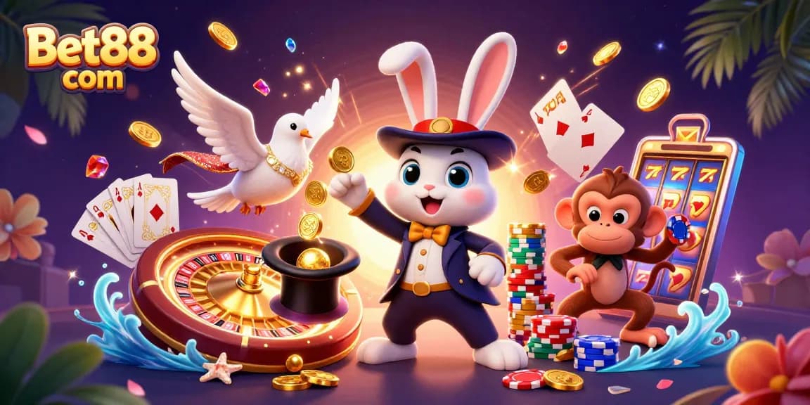 Experience the magic of Bet88 com with a charming rabbit and colorful casino elements in an enchanting scene.