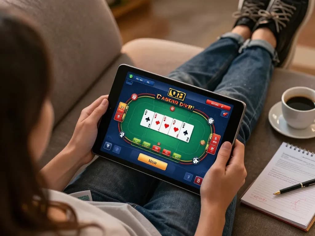 Engaged user strategizing in the O8 casino app while relaxing at home, highlighting online gambling.