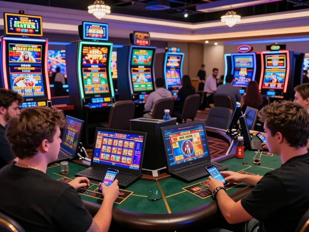 Online gaming excitement on https://rr88c.mobi/ showcasing colorful casino games, players on devices.