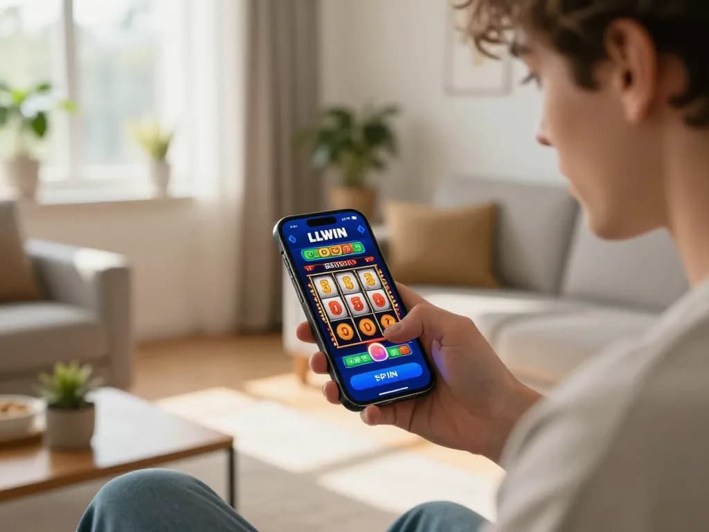 Player engaged in LLWIN slot game on smartphone, showing excitement and vibrant graphics.