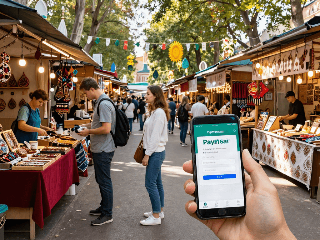 Experiencia de pago fácil en un mercado ruso con https://payinrussia.com/ y turistas interactuando.