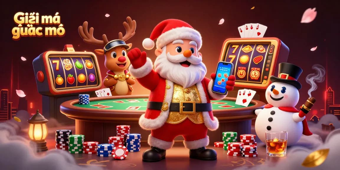 Giải mã giấc mơ captures Santa and friends celebrating big wins at a vibrant casino scene.