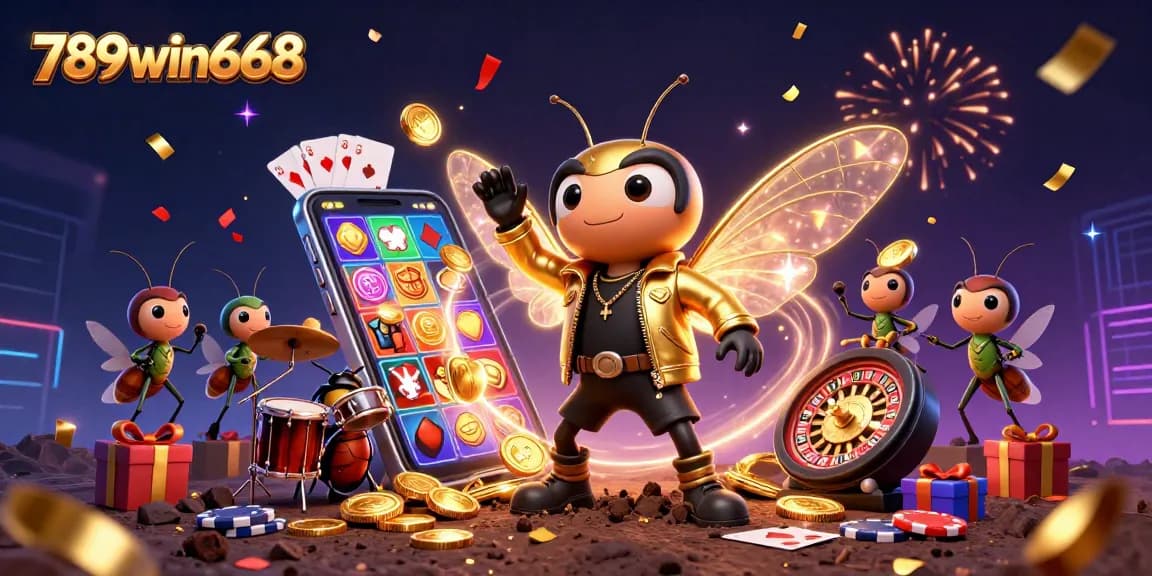 Experience the excitement of gambling with 789win668, featuring a lively casino scene filled with colorful game elements.