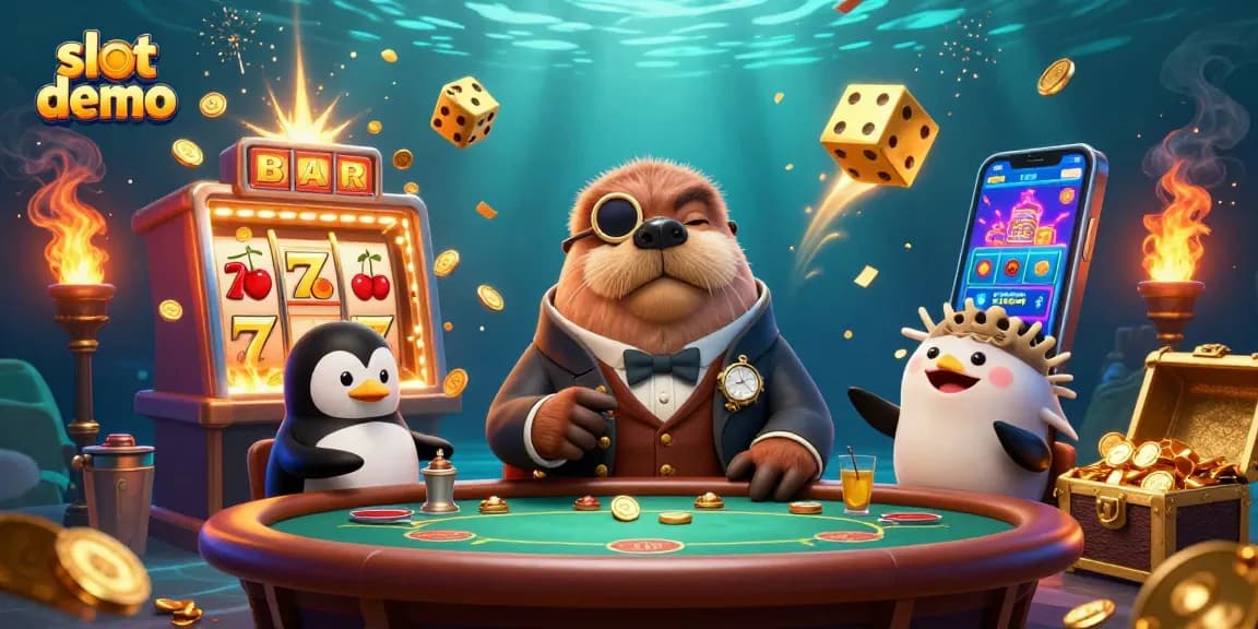 Slot demo di IndoJayaPoker dengan karakter lucu di meja poker, slot dan harta karun bersinar.