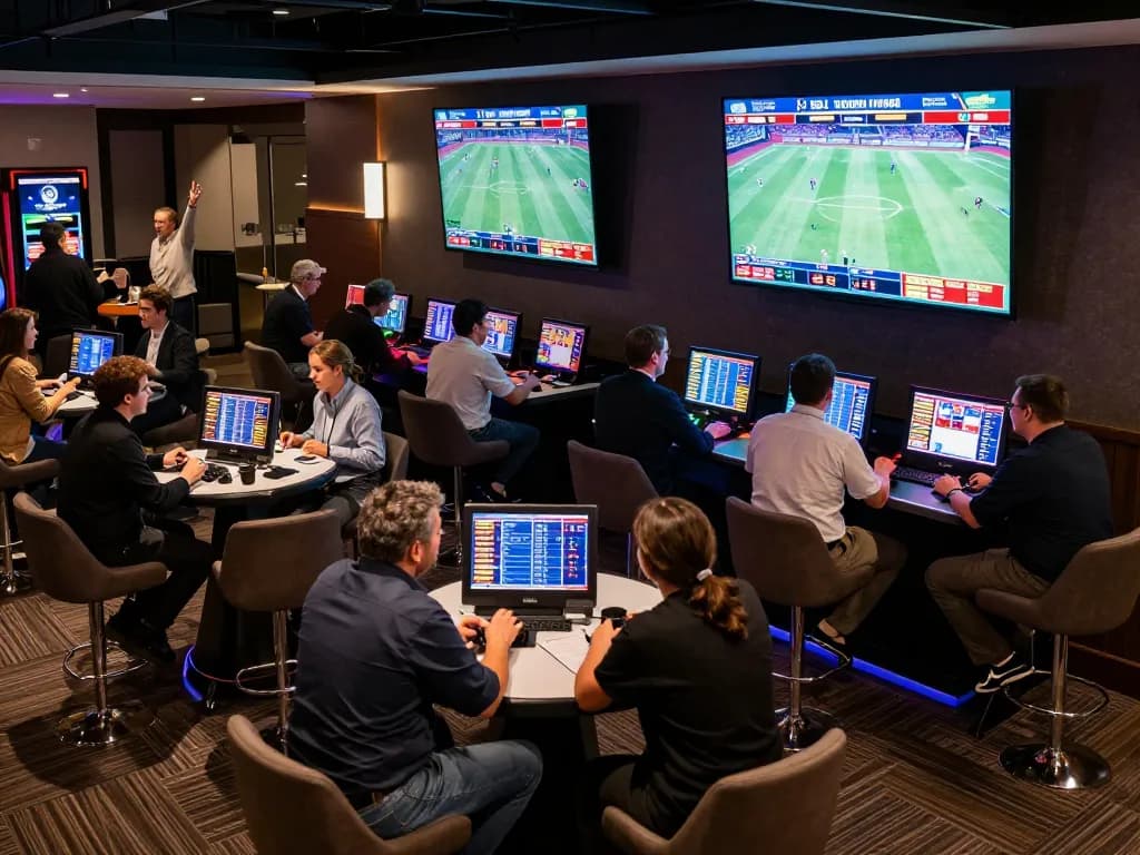 Engaged bettors analyzing statistics and placing bets in the vibrant xx88 sports betting area.