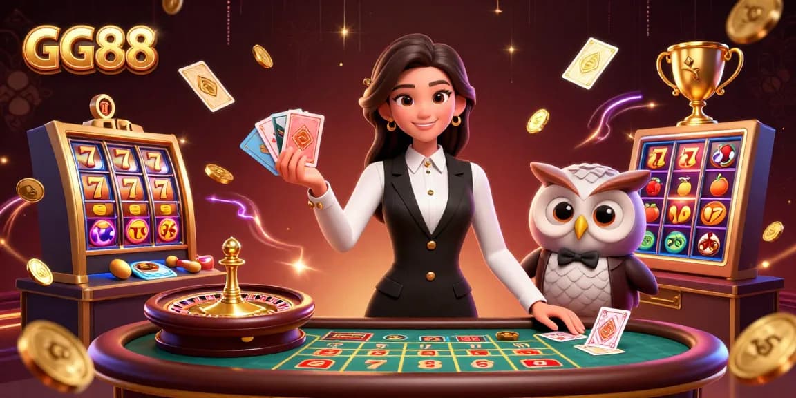 Experience the excitement of GG88 with a dynamic illustration of dealers and slot games.