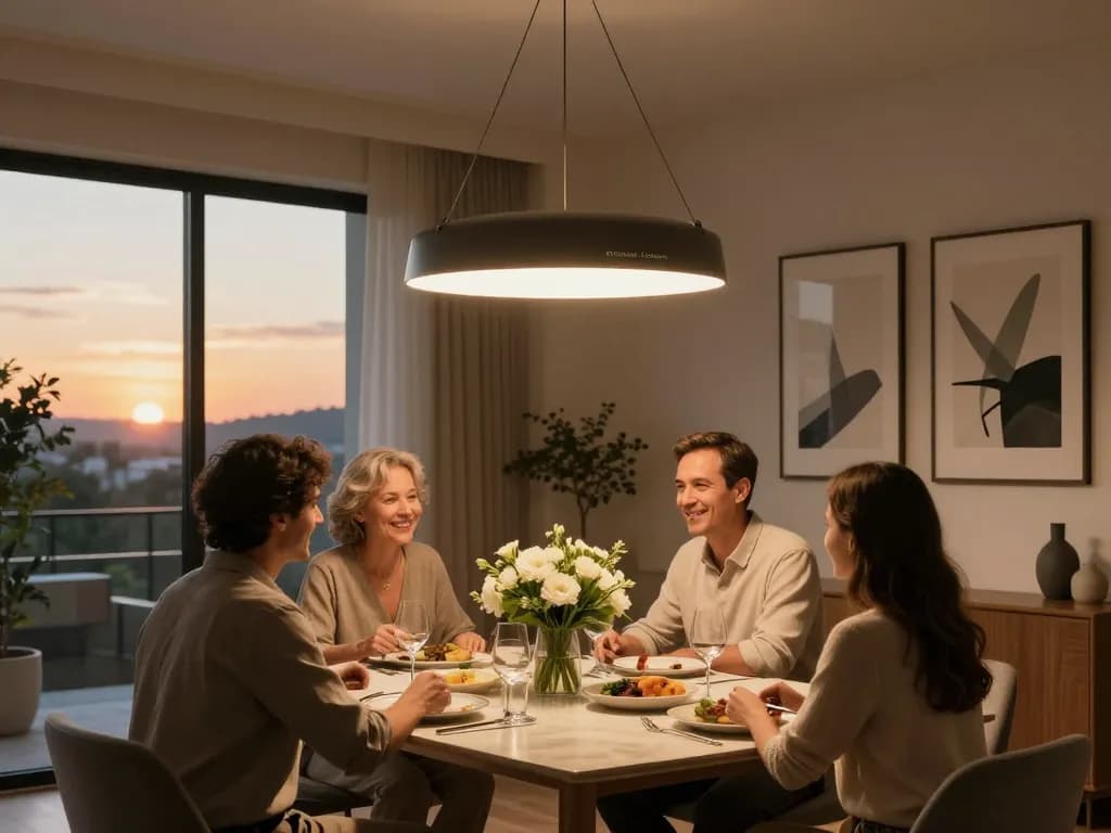 Lámparas colgantes Steinhauer Exclusive iluminando un elegante comedor con luz cálida y decoración moderna.