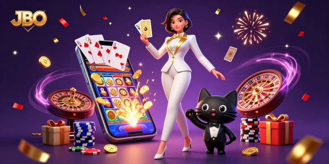 Engage with JBO's thrilling slot adventure as the glamorous card dealer shuffles golden cards.