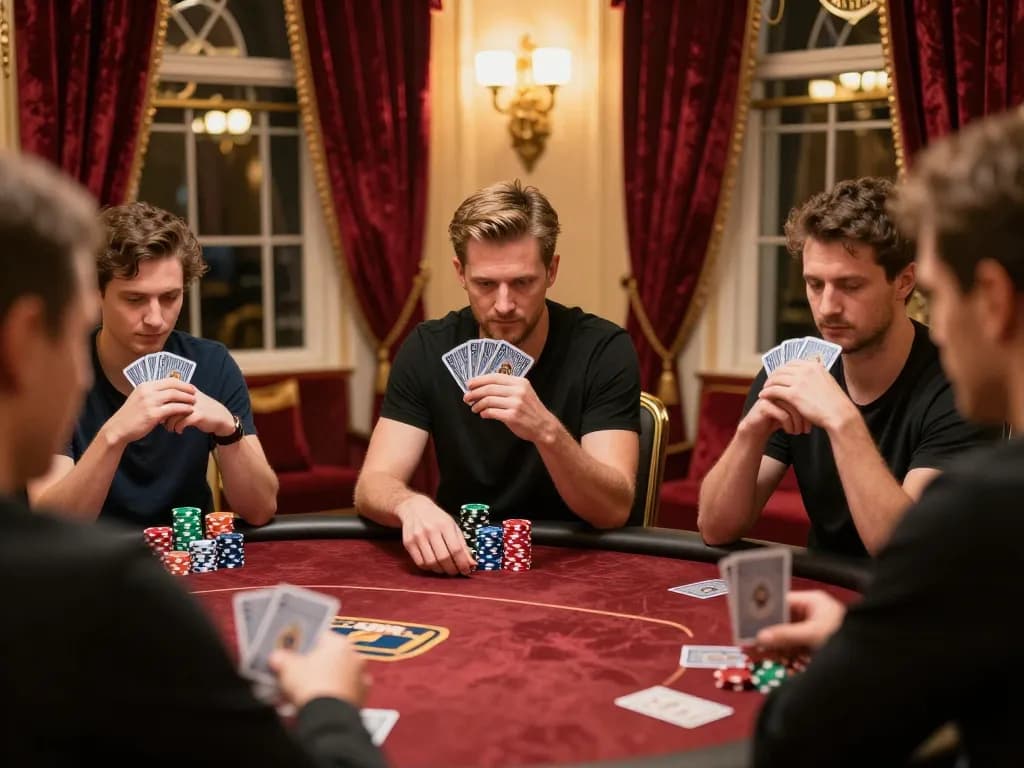 Players strategizing during a high-stakes poker game at MV66, showcasing intense focus and luxury.