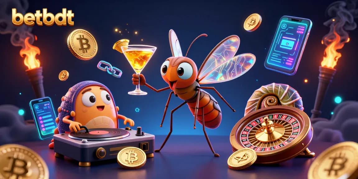Experience betbdt excitement with a vibrant casino scene featuring a golden cocktail mascot and a DJ.