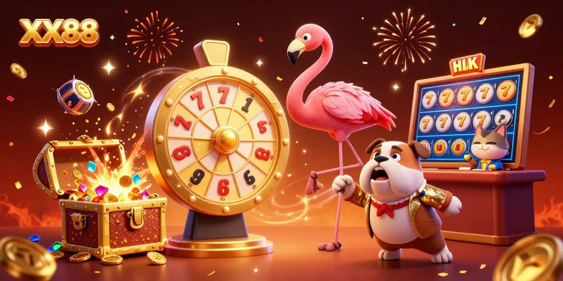Win casino prizes at XX88 with a lively atmosphere and colorful slot elements.