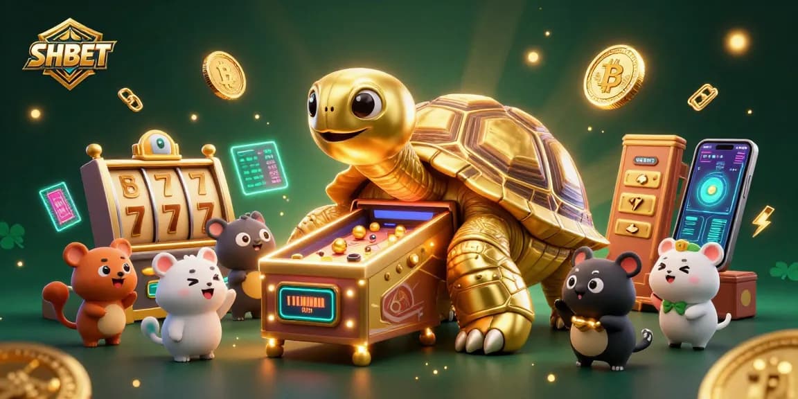 Experience SHBET's exciting arcade with a golden tortoise pinball and vibrant slot machine elements.