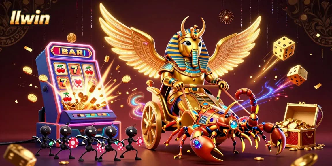 Engage in epic gaming at LLWIN with a vibrant illustration of a colossal scarab beetle and dynamic casino elements