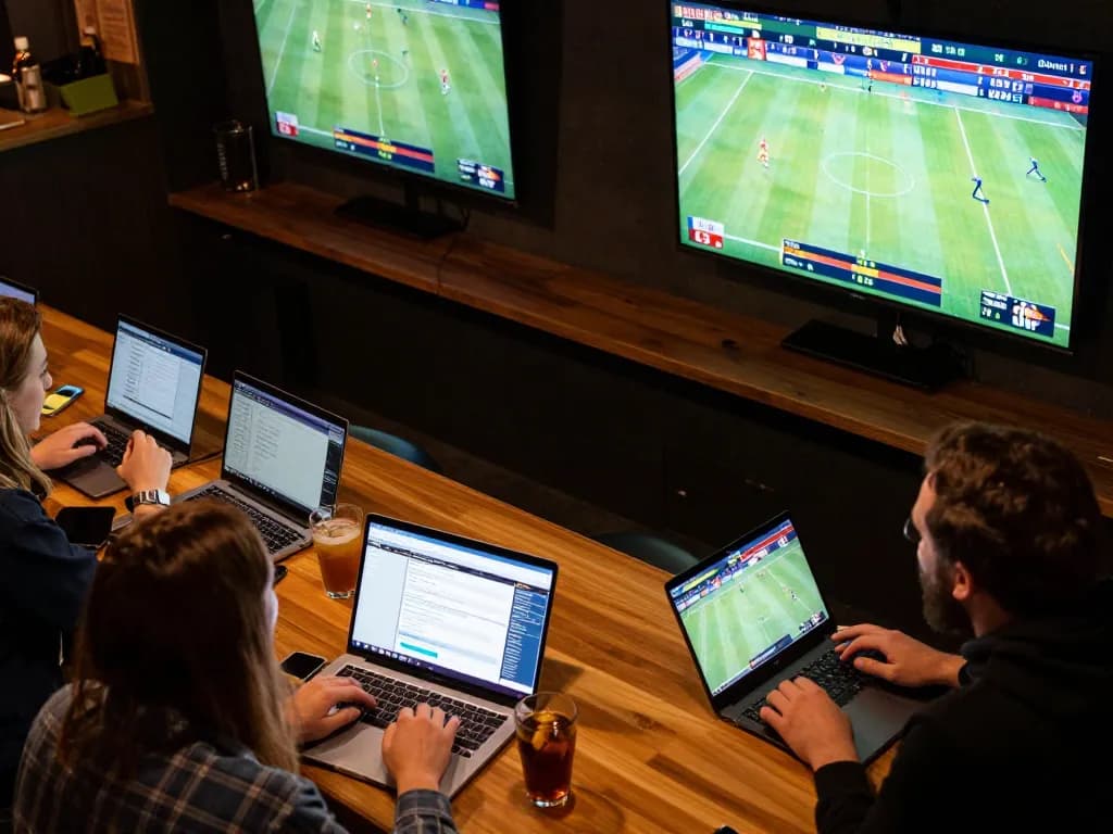 Fly88 players engaging in live sports betting at a vibrant venue with multiple screens