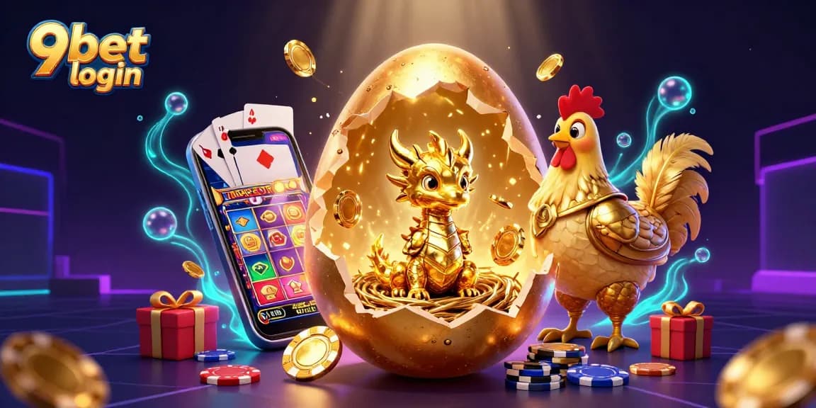 Engage in thrilling gameplay with 9bet login, featuring a golden dragon, poker chips, and colorful slot game elements.