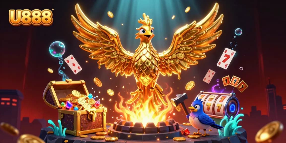 U888 enhances the casino experience with rich visuals, featuring a phoenix and symbols of fortune.