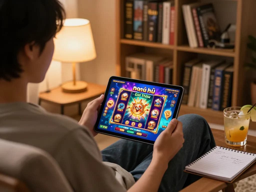 Engaging home gaming scene with nổ hũ đổi thưởng displayed, showcasing a player immersed in online casino excitement.