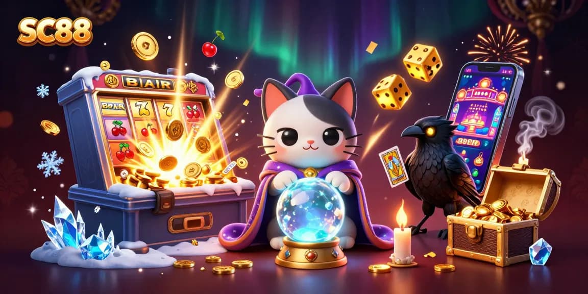 Engage in thrilling SC88 slot adventures with a mystical cat, tarot raven, and dazzling jackpot elements.