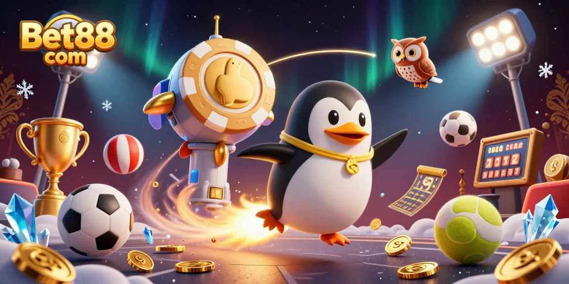 Bet88 com features an exciting 3D golden penguin soaring to a casino station, surrounded by sports elements.
