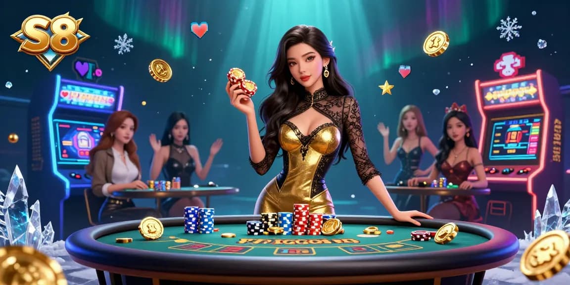 S8 players enjoy high-stakes baccarat with golden chips in a vibrant, luxurious casino atmosphere.