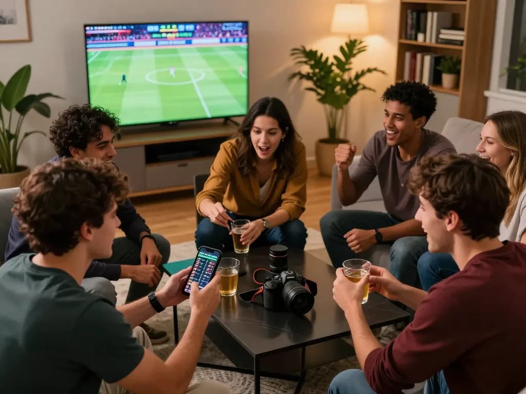 Friends enjoying a sports betting night, checking keo nha cai odds on smartphones with excitement.