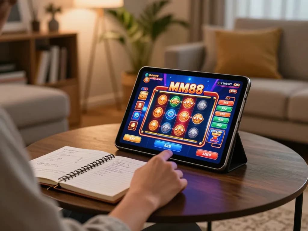 Person enjoying MM88 online casino games on a tablet in a cozy home setup
