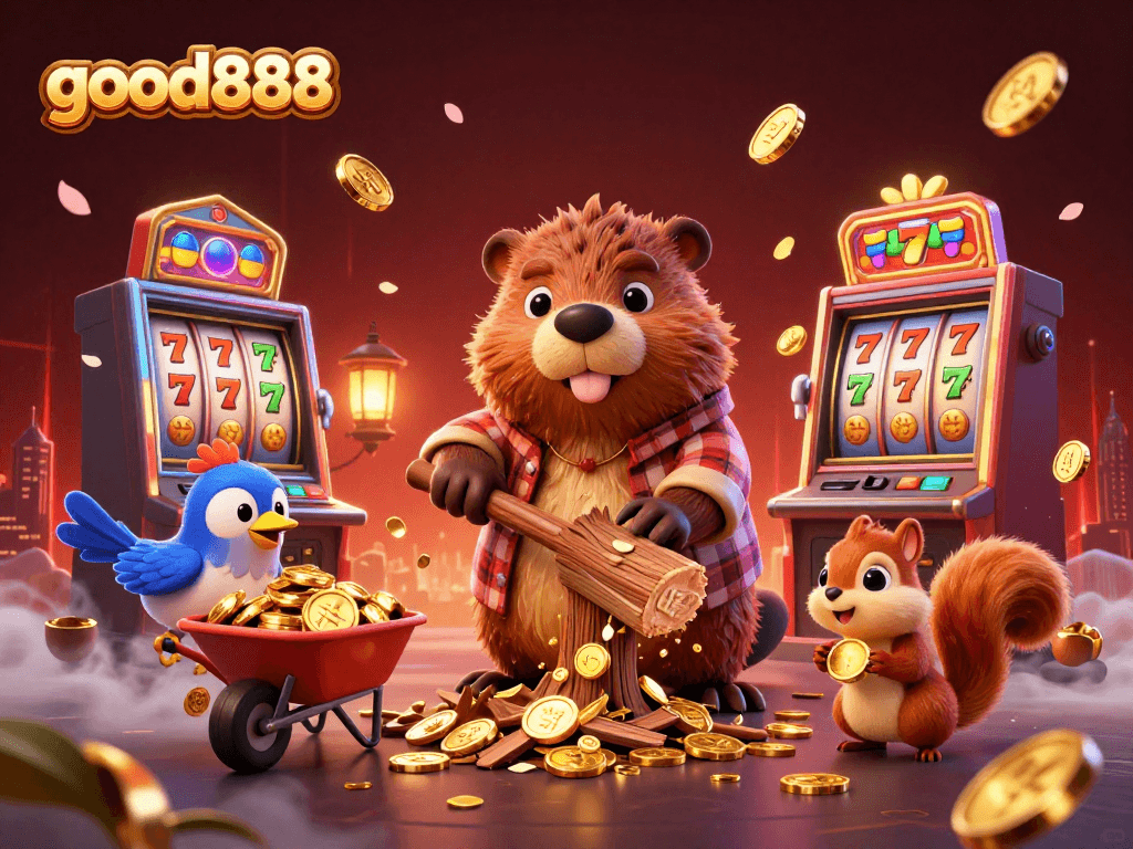 Engage with good888 as the cartoon beaver celebrates wins amidst golden coins raining from a jackpot tree in a bustling casino.