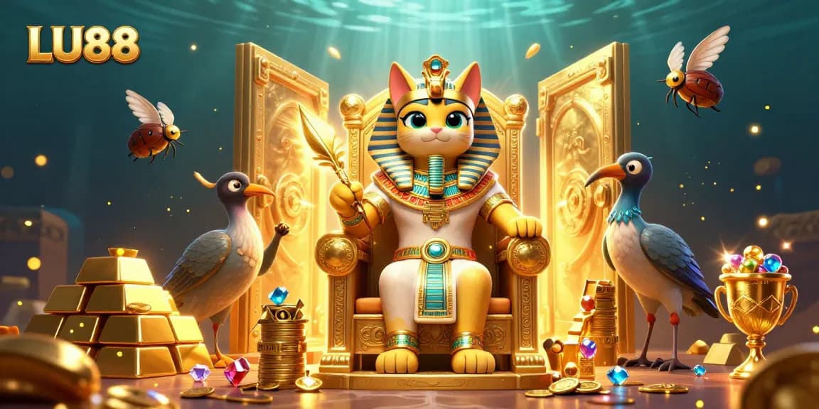 LU88 illuminates a vibrant 3D illustration showcasing an Egyptian pharaoh cat and treasures in a casino theme.
