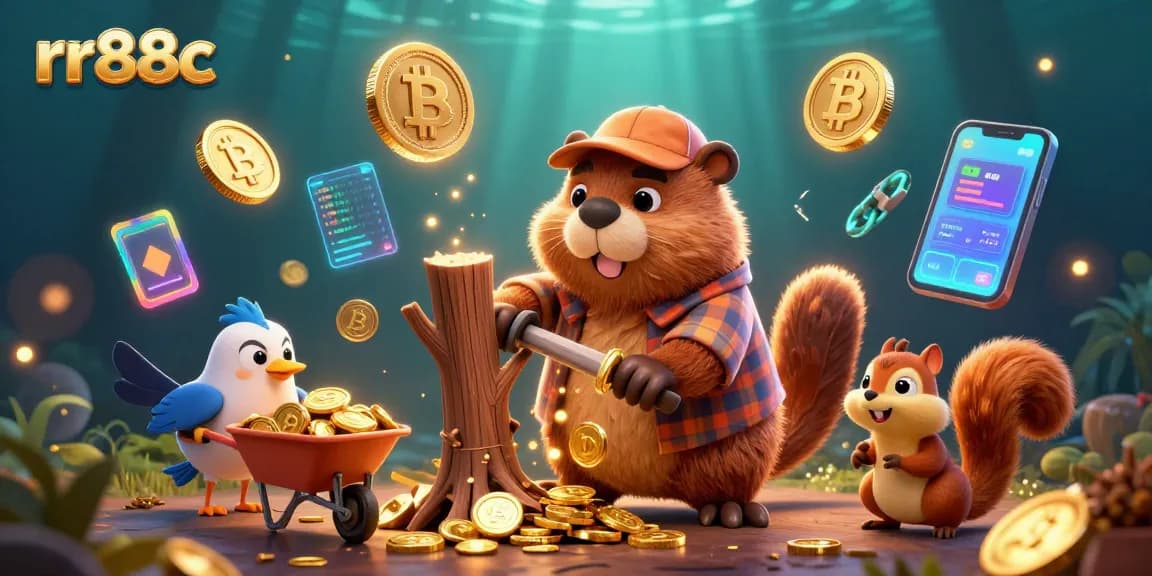 rr88c's exciting cartoon illustration of a beaver chopping a tree raining gold coins, surrounded by crypto elements.
