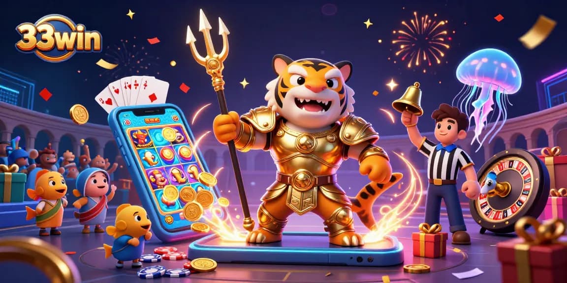 Experience thrilling wins at 33win with a lively underwater casino scene featuring a shark and celebratory game elements.