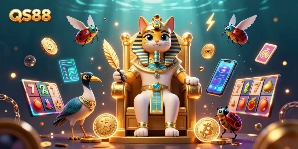 Engage with QS88's vibrant 3D casino scene filled with iconic slot symbols and cryptocurrency elements.