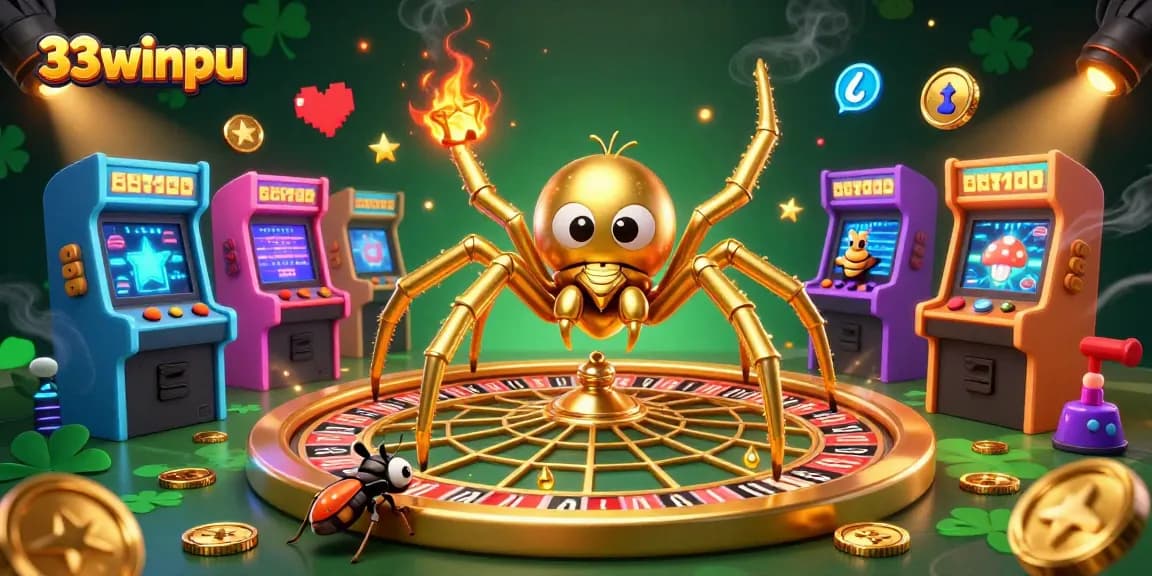 33winpu captivates gamers as a golden spider spins a roulette web in a vibrant casino scene.