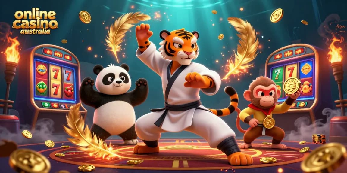 Experience the excitement of the online casino Australia scene with a kung fu tiger master and friends in action.
