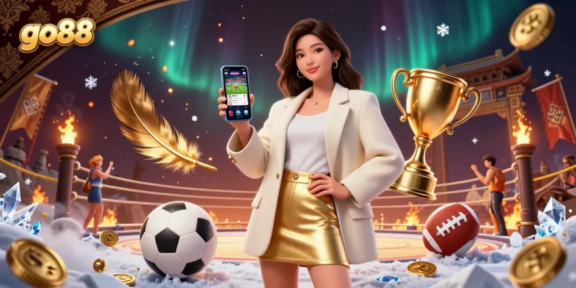 Experience go88 sports betting action with a stylish Asian woman and dynamic gaming elements.