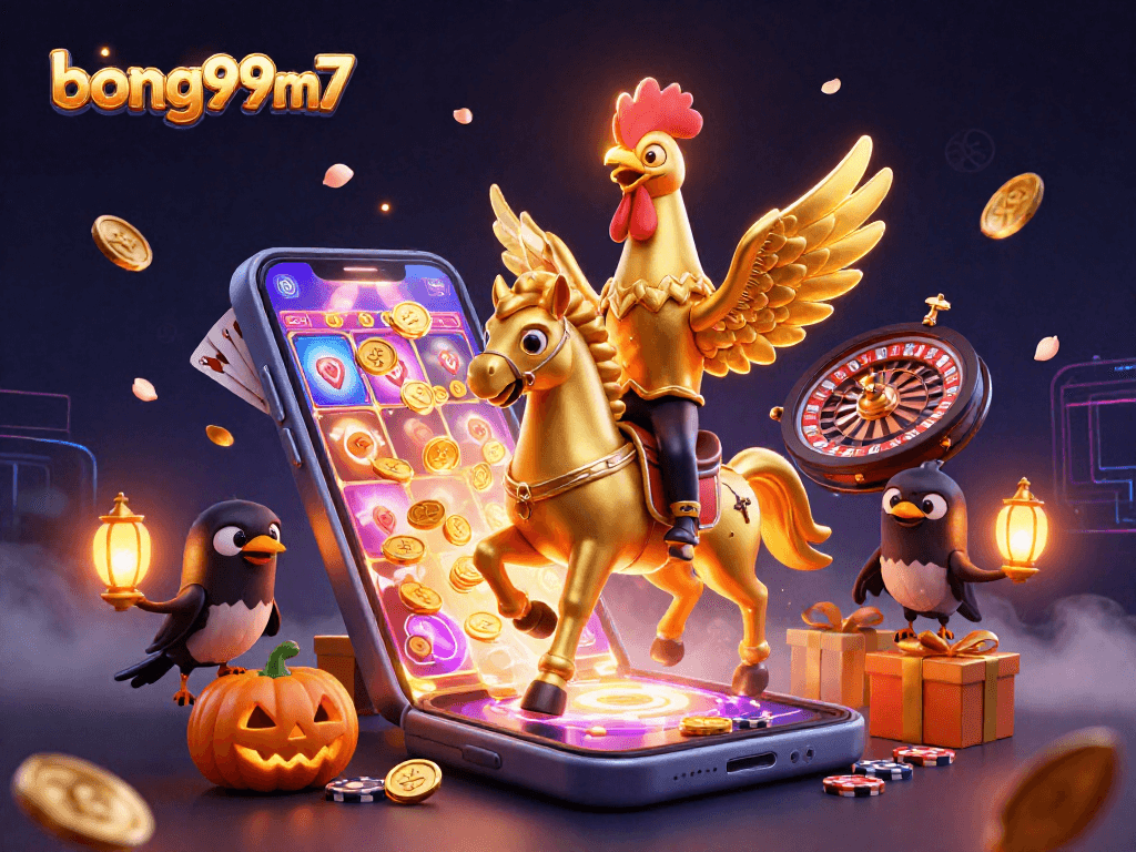 Engaging scene showcasing bong99m7 with a golden rooster at a casino, surrounded by immersive gaming elements.