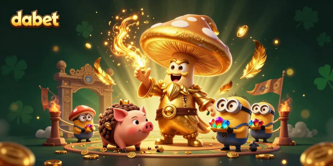dabet showcases a magical casino scene with a golden mushroom wizard, treasure, and dynamic elements.