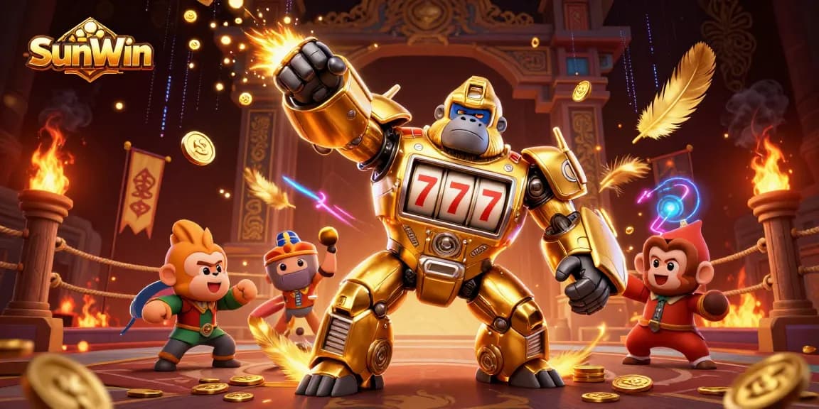 Experience the excitement of SunWin's slots with a dynamic scene of a golden gorilla mech.