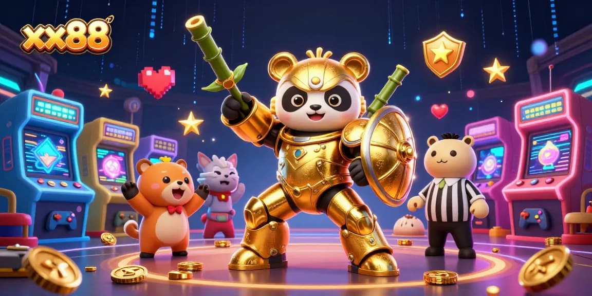 Experience thrilling action at xx88 with a golden panda in a mech-suit battling in a dynamic casino arena.