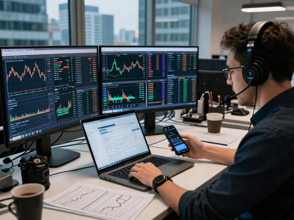 Gráficos y análisis del precio BTC en una oficina de negociación de criptomonedas moderna.