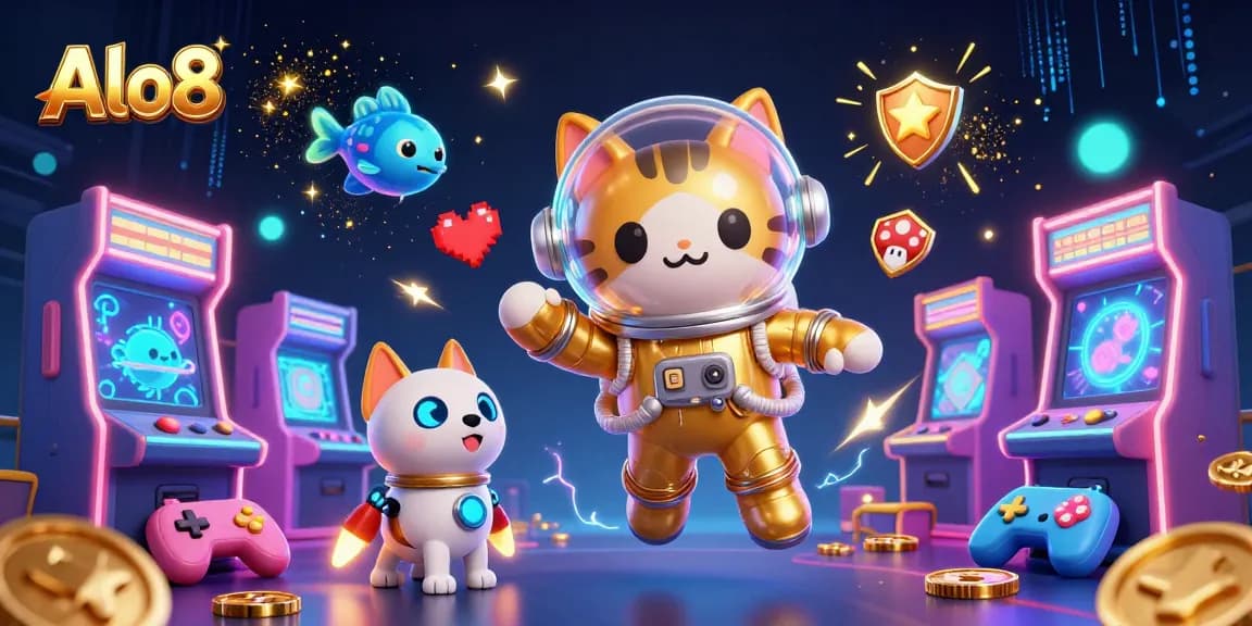 Alo8 offers thrilling games with an astronaut cat and a robotic dog in a vibrant casino scene.