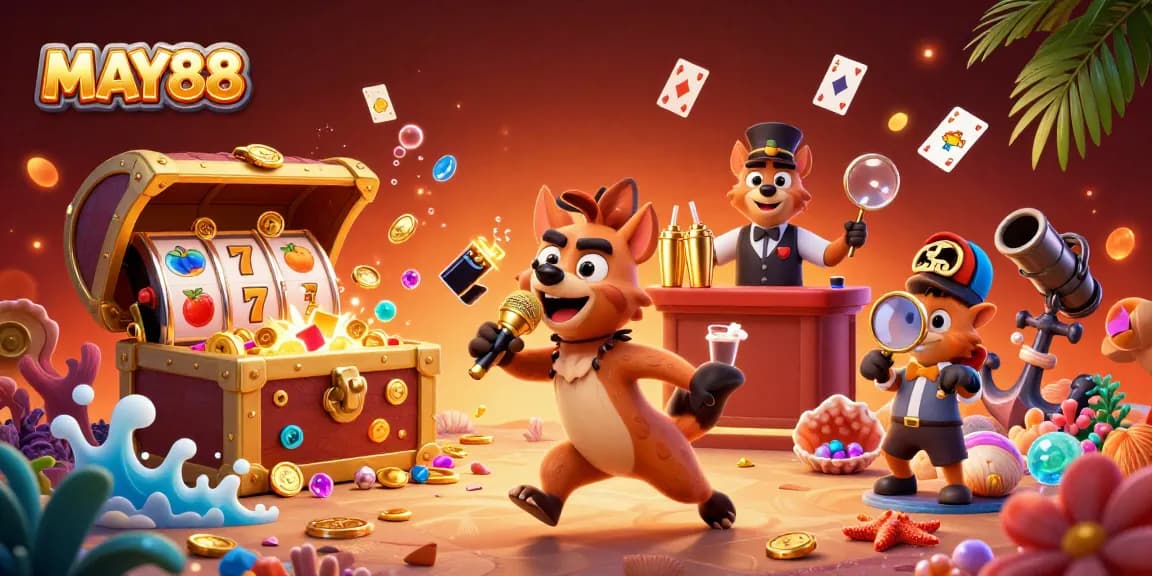 MAY88 features cartoon hyenas in a comedy casino scene with slot reels and golden coins.