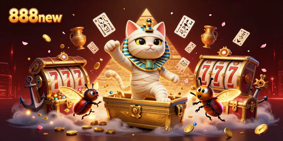 Engage with thrilling wins at 888new, featuring vibrant Egyptian-themed characters amidst dynamic casino elements.
