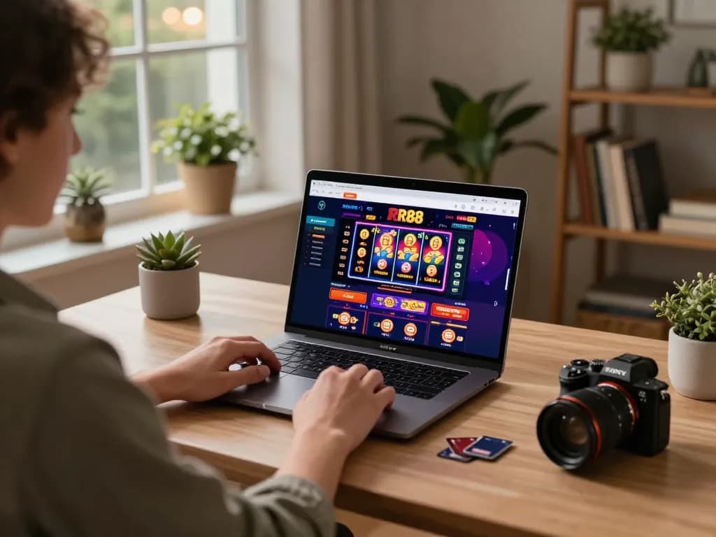 Player engaging with the RR88 online casino app at a stylish home setup.