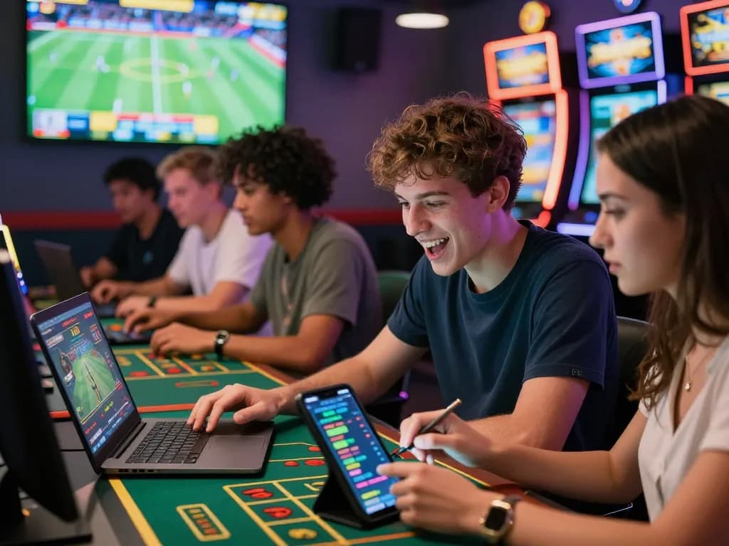 Players engaging in online betting activities at MM88, showcasing excitement and technology in a vibrant casino atmosphere.