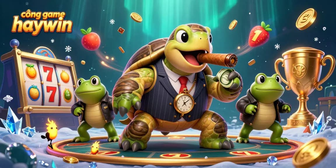 Experience the vibrant action with cổng game haywin featuring a massive turtle and bullfrog enforcers in a rich casino scene.
