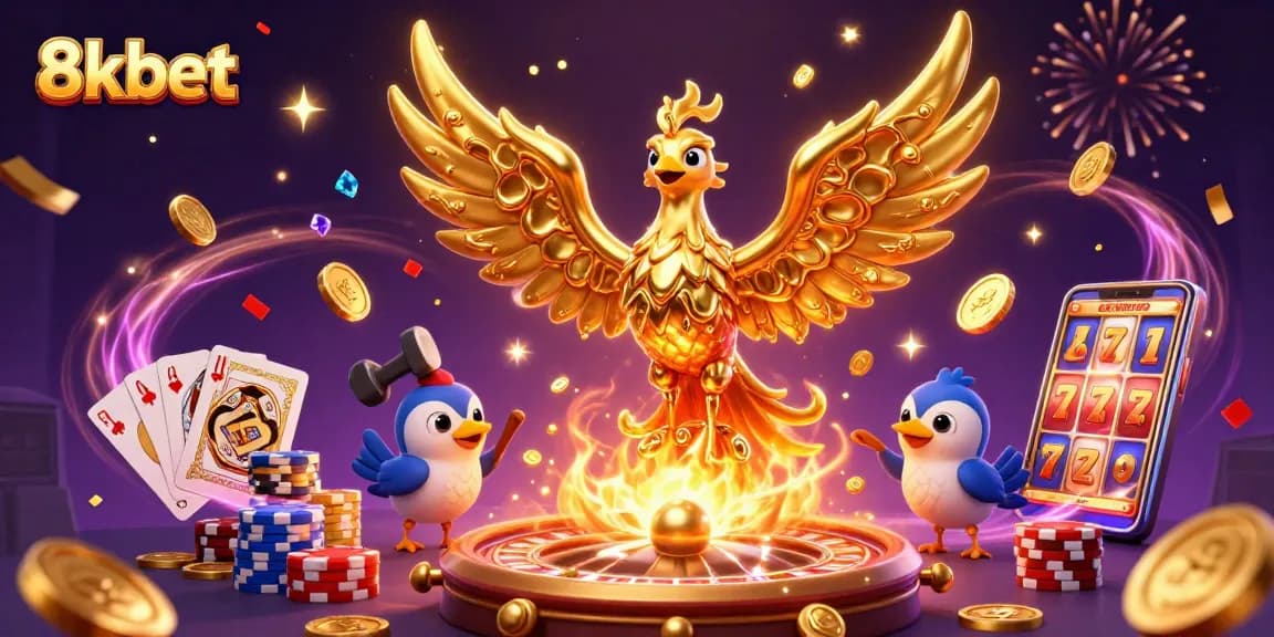 Win big with 8xbet at the golden casino extravaganza featuring a phoenix and coins.