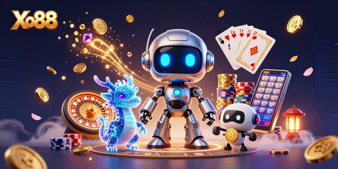 Xo88 presents a vibrant scene with a cyberpunk robot mascot and AI dragon amidst casino elements.